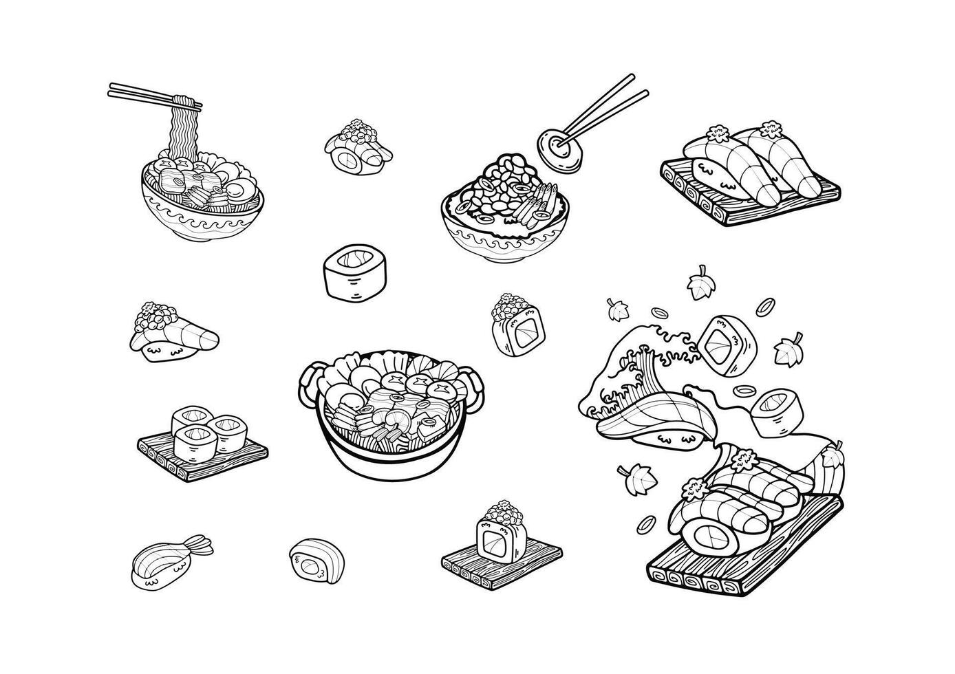 nero e bianca giapponese cibo impostato piatto stile illustrazioni vettore