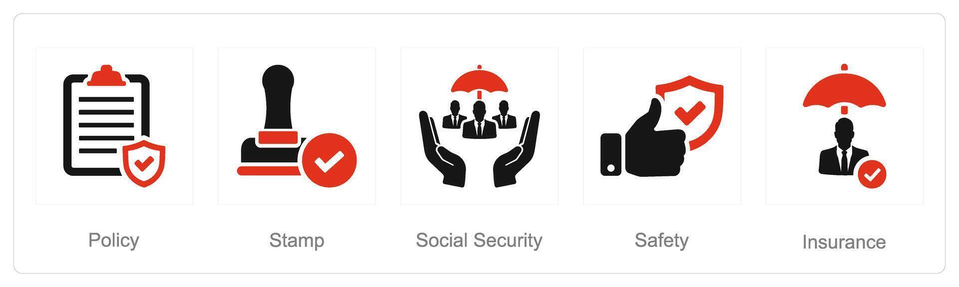 un' impostato di 5 assicurazione icone come politica, francobollo, sociale sicurezza, sicurezza vettore