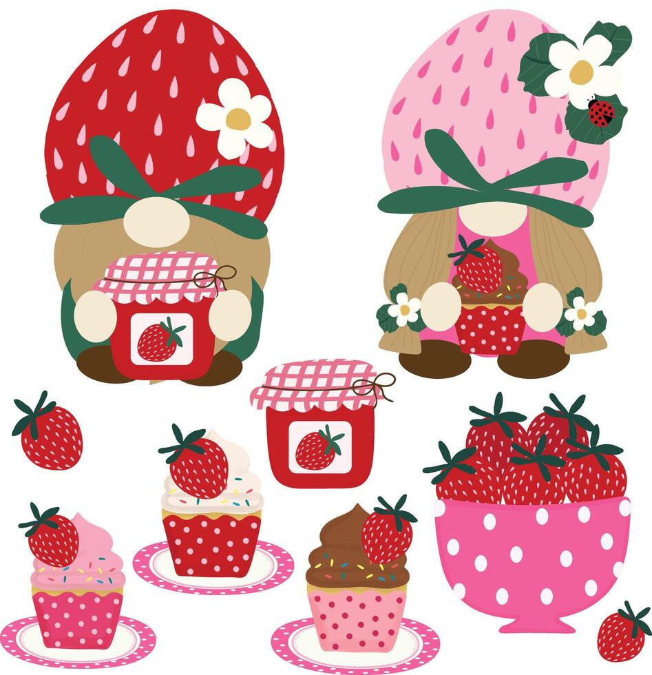 carino fragola con gnomi clipart mano disegnato elementi vettore per decorare invito saluto compleanno festa celebrazione nozze carta manifesto bandiera tessile sfondo carta avvolgere sfondo