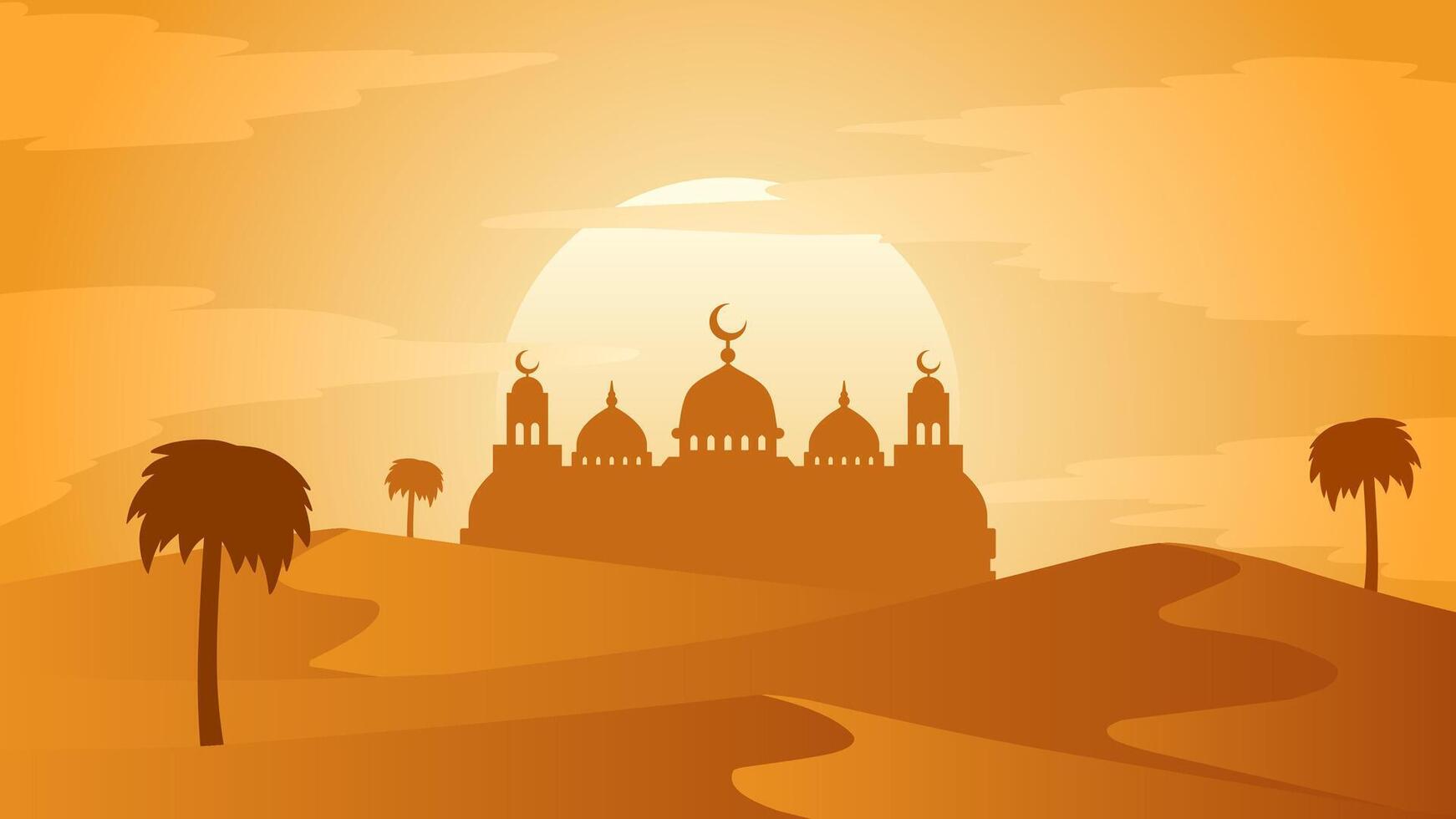 Ramadan paesaggio vettore illustrazione. moschea silhouette nel il sabbia deserto a mezzogiorno. moschea paesaggio per illustrazione, sfondo o Ramadan. eid mubarak paesaggio per Ramadan evento