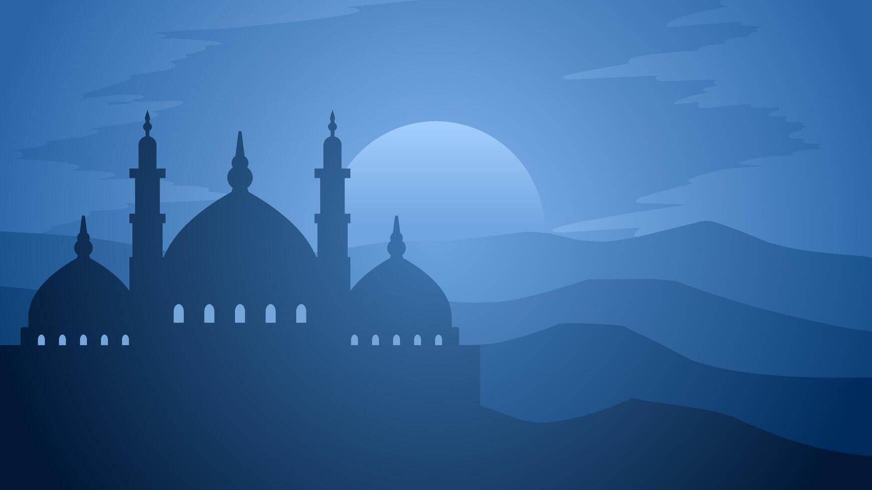 Ramadan paesaggio vettore illustrazione. moschea silhouette a notte con collina panorama. moschea paesaggio per illustrazione, sfondo o Ramadan. eid mubarak paesaggio per Ramadan evento