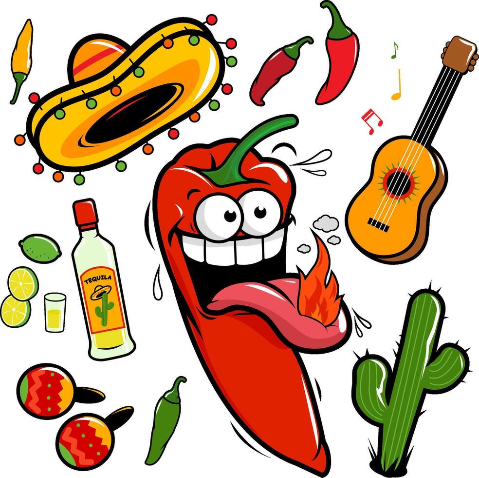 mariachi chili Pepe messicano collezione. caldo cartone animato jalapeno cinco de mayo festa impostare. vettore illustrazione