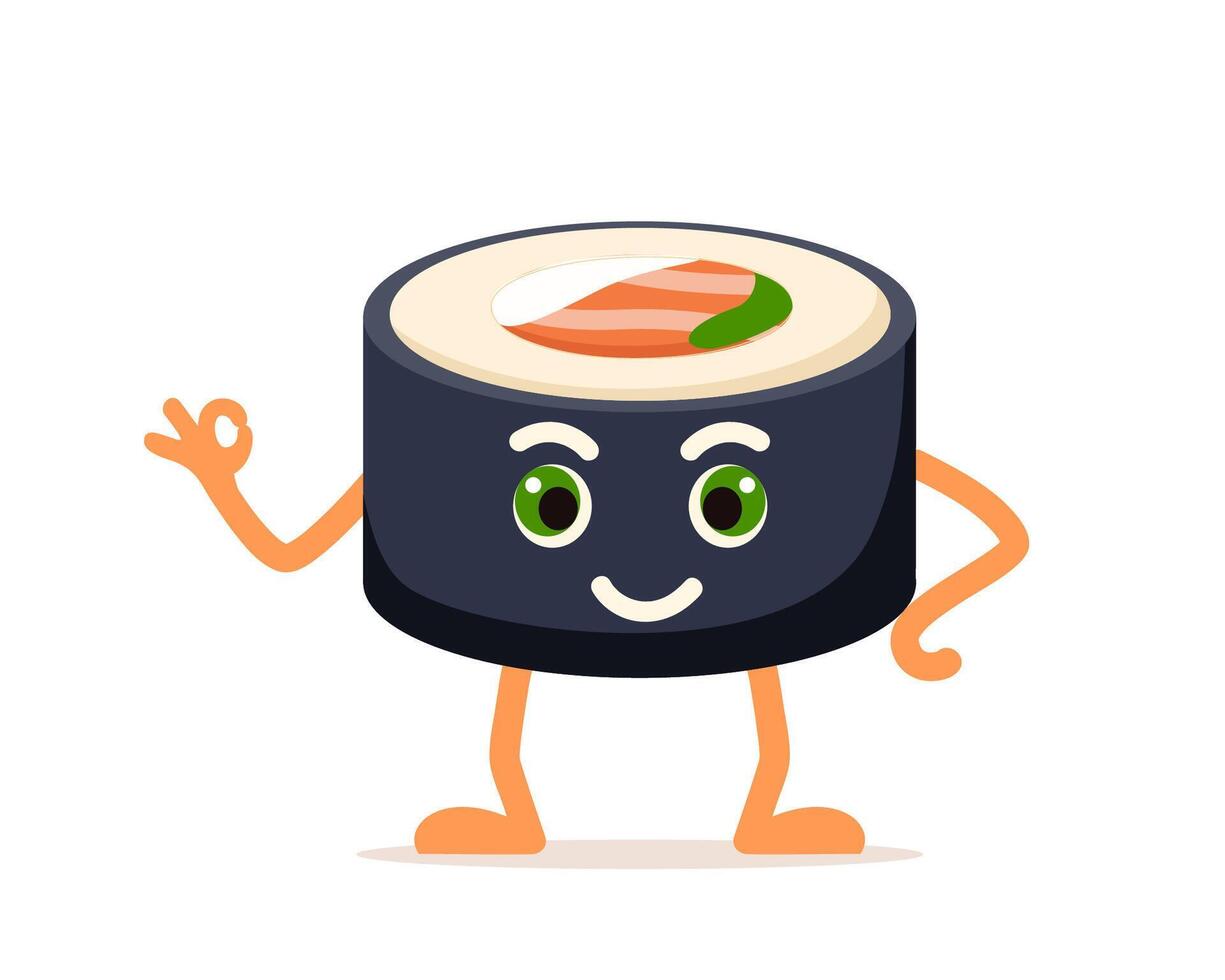 carino rotolo carattere, Sushi con divertente viso. Sushi portafortuna mostrando ok gesto. vettore illustrazione.