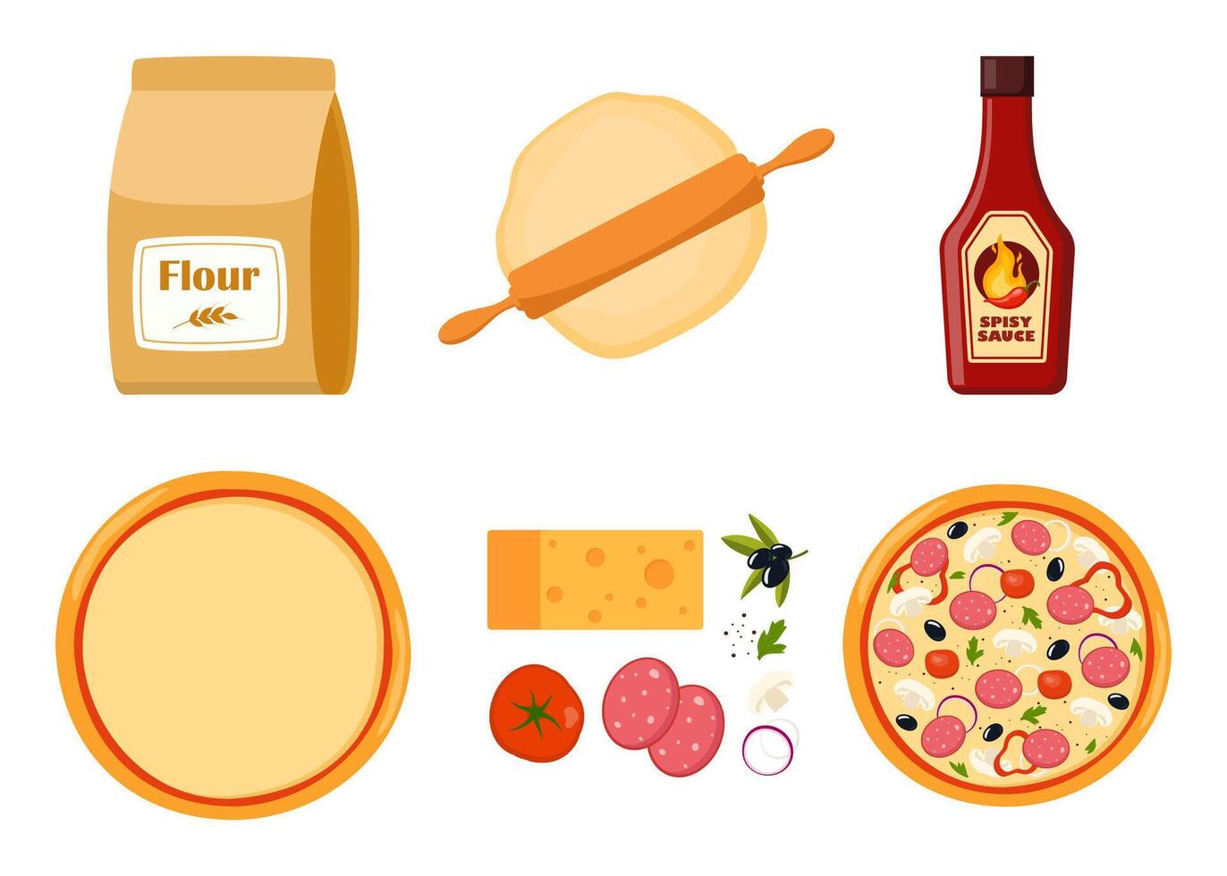 Pizza cucinando passi. facile ricetta per fatti in casa italiano cibo. salame e salsa, pomodoro e formaggio. preparazione di il Impasto. vettore illustrazione.