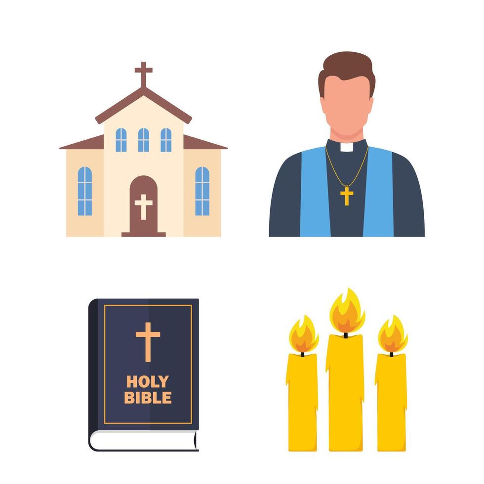 cristiano religione attributi con candela, Chiesa, sacerdote, Bibbia. vettore impostato di illustrazione.