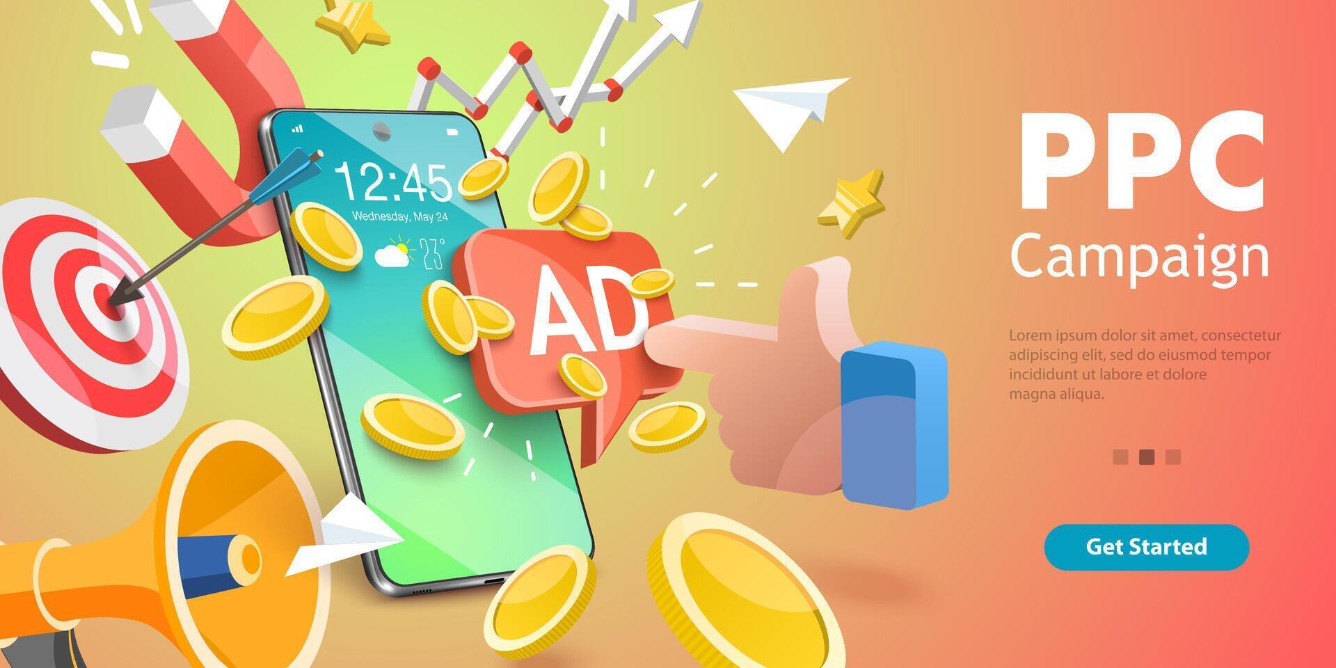 3dvettore concettuale illustrazione di mobile ppc, digitale marketing campagna. vettore