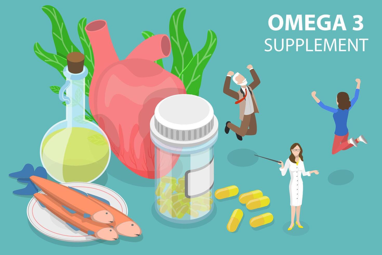 3d isometrico piatto vettore concettuale illustrazione di omega 3 supplemento.