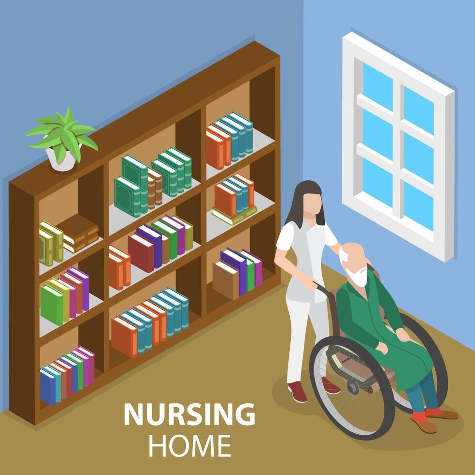 3d isometrico piatto vettore concettuale illustrazione di assistenza infermieristica casa cura.