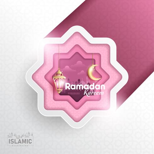 Ramadan Kareem Sfondo carta arte o carta tagliata stile con lanterna Fanoos, Crescent moon &amp; Mosque Background. Per banner Web, biglietti di auguri e modello di promozione in Ramadan Holidays 2019. vettore