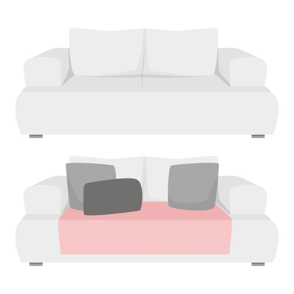 impostato di grigio divani vuoto e con cuscini e coperta vettore