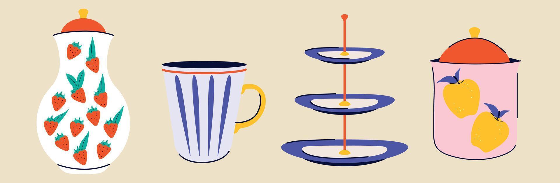 impostato di piatti nel mano disegnato moderno di moda stile. tè e caffè. Groovy design. vettore illustrazione. fatto a mano vasellame vivace colori. elementi. piatto stile. ceramica stoviglie. bevande collezione