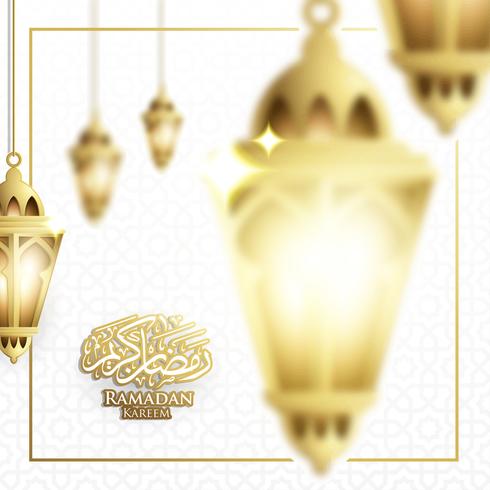 Appeso Ramadan Lantern o Fanoos Lantern &amp; Crescent Moon Background in Blurry Concept. Per banner Web, biglietti di auguri e modello di promozione in Ramadan Holidays 2019. vettore