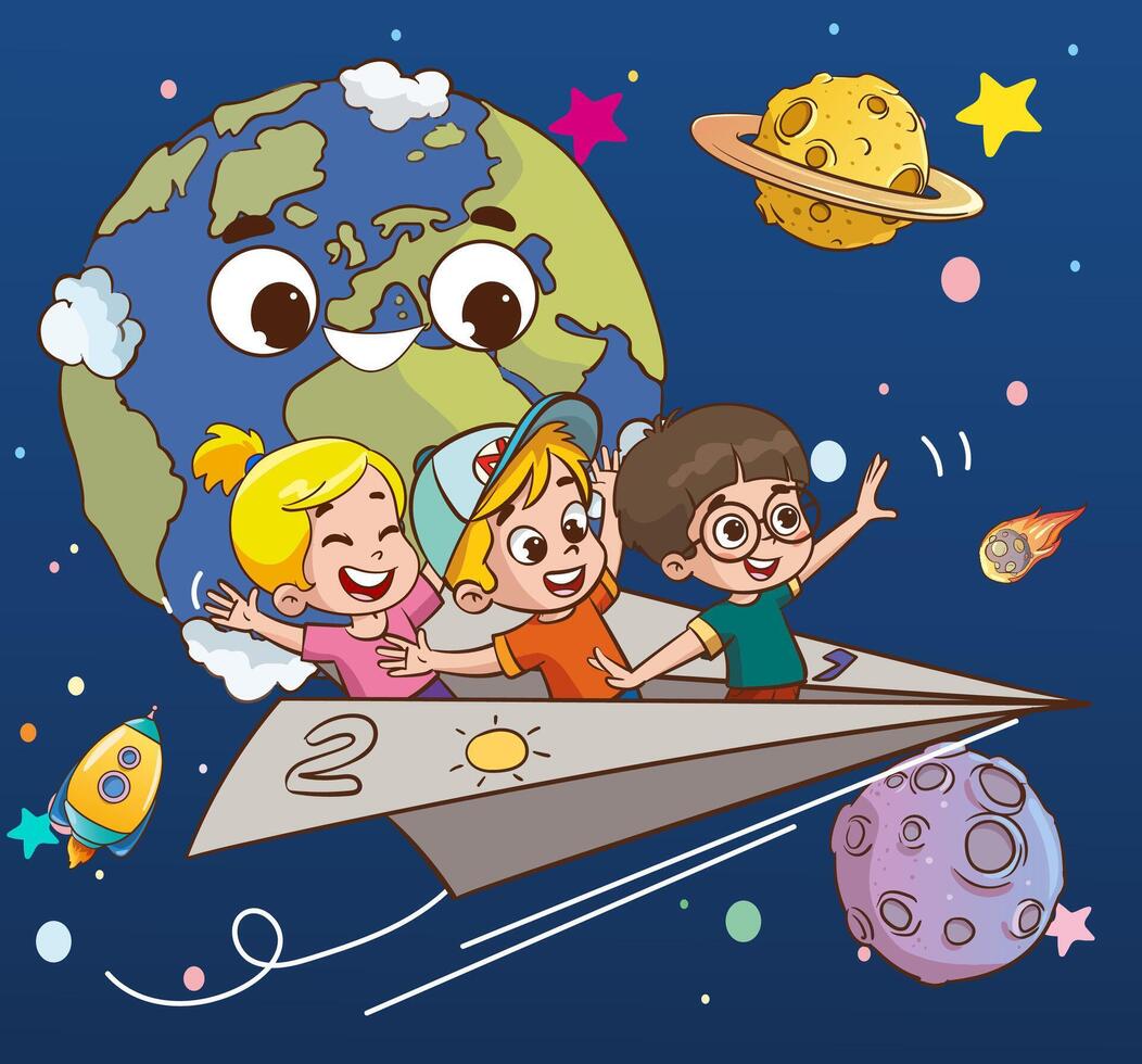 cartone animato bambini volante con carta aereo.bambini cavalcata carta aereo vettore illustrazione