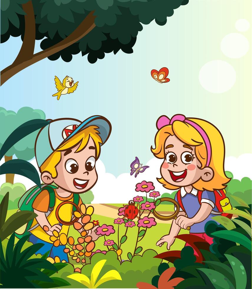 carino ragazzo e ragazza esplorando insetti nel natura cartone animato vettore illustrazione