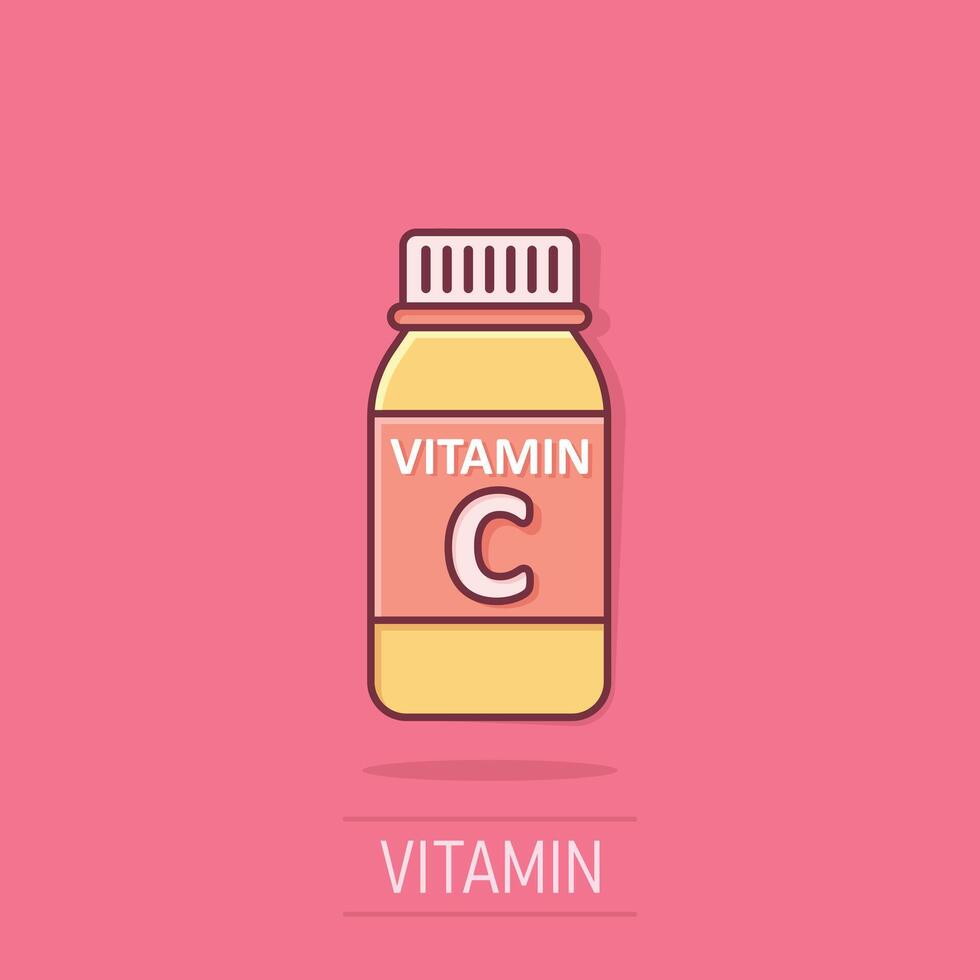 vitamina c icona nel comico stile. bottiglia con pillola cartone animato vettore illustrazione su isolato sfondo. farmacia cartello attività commerciale concetto spruzzo effetto.