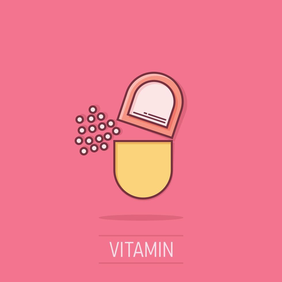 vitamina pillola Nota icona nel comico stile. capsula cartone animato vettore illustrazione su isolato sfondo. antibiotico spruzzo effetto cartello attività commerciale concetto.