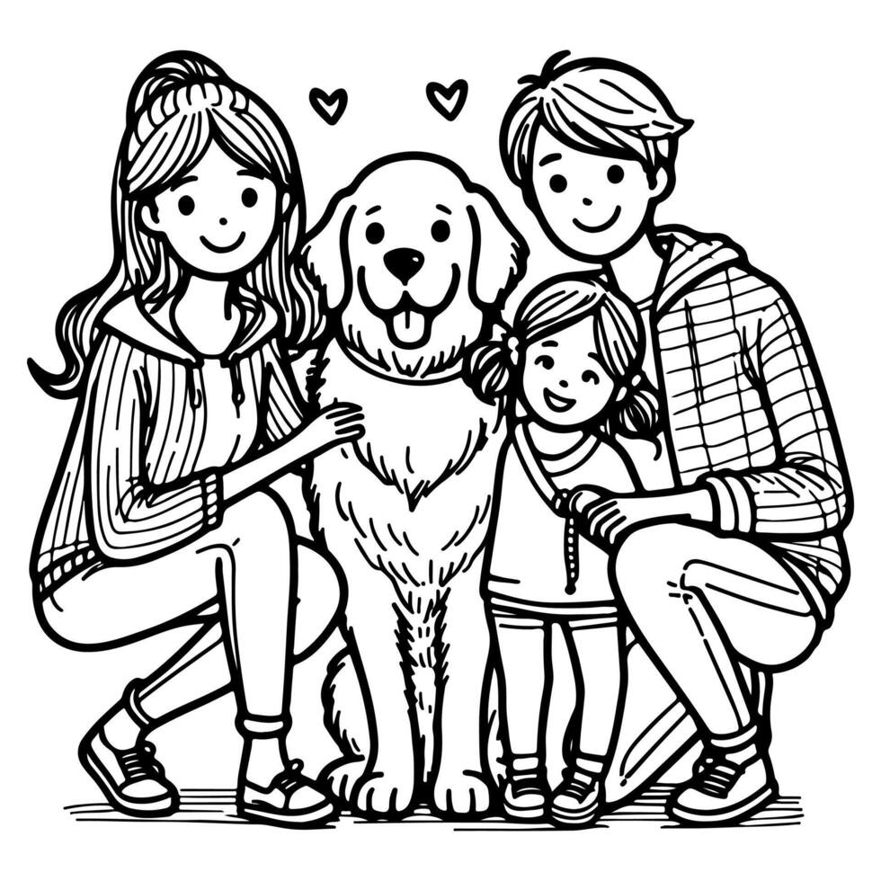 ai generato disegno contento famiglia con cane cartone animato personaggio scarabocchio vettore illustrazione su bianca sfondo