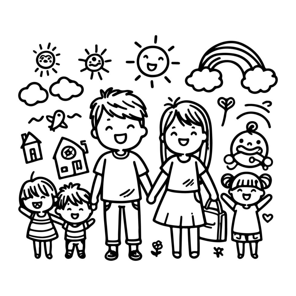 ai generato ragazzo disegno contento famiglia cartone animato personaggio schema scarabocchio per colorazione libro pagina vettore illustrazione su bianca sfondo