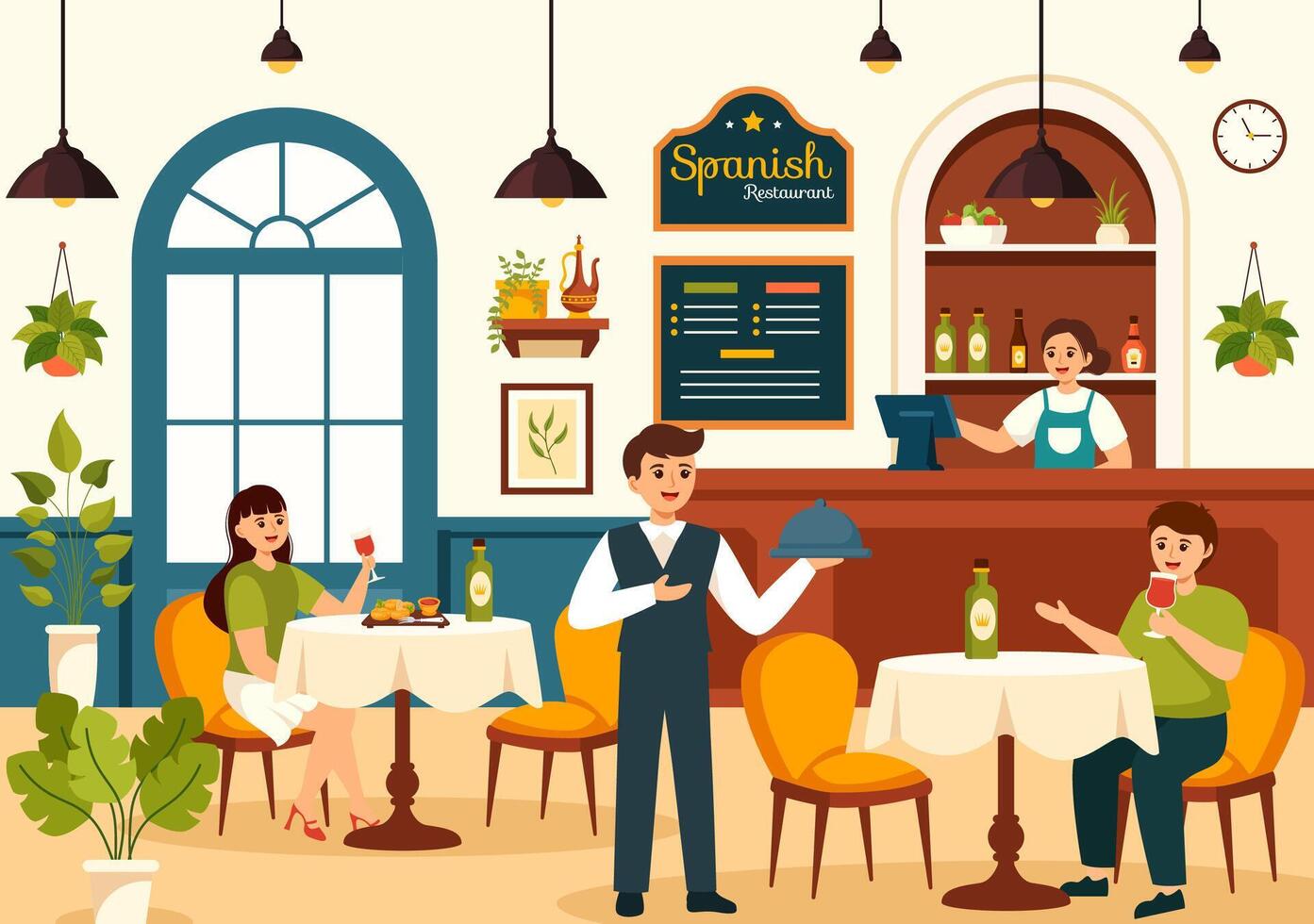 spagnolo ristorante vettore illustrazione con vario di cibo menù tradizionale piatto tipico ricetta e cucina nel piatto cartone animato sfondo design