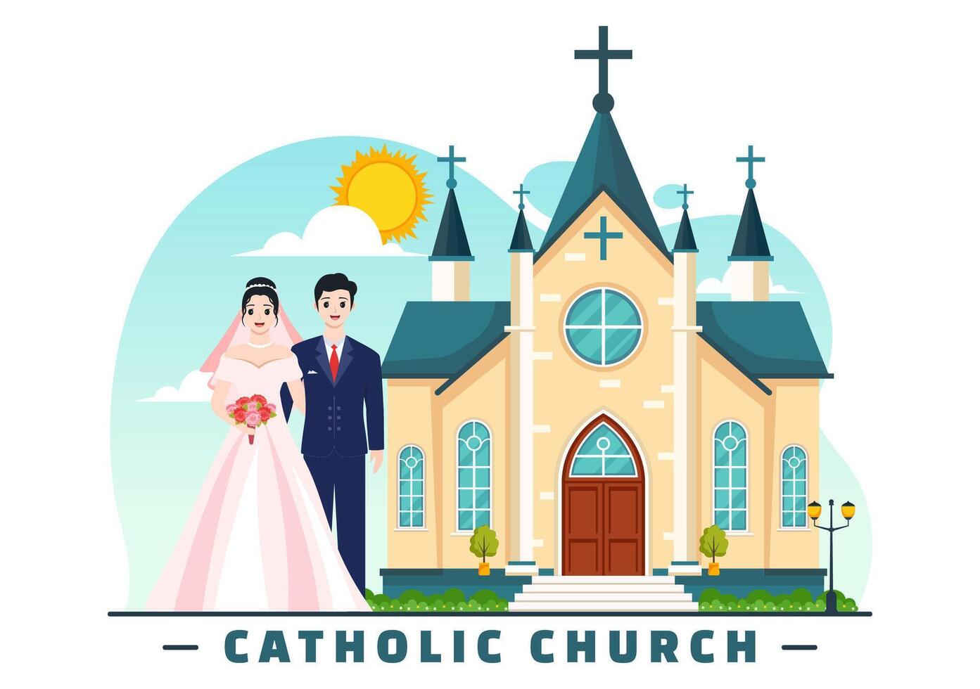 cattolico Chiesa Cattedrale come un' sacro posto per matrimoni piatto cartone animato sfondo vettore illustrazione