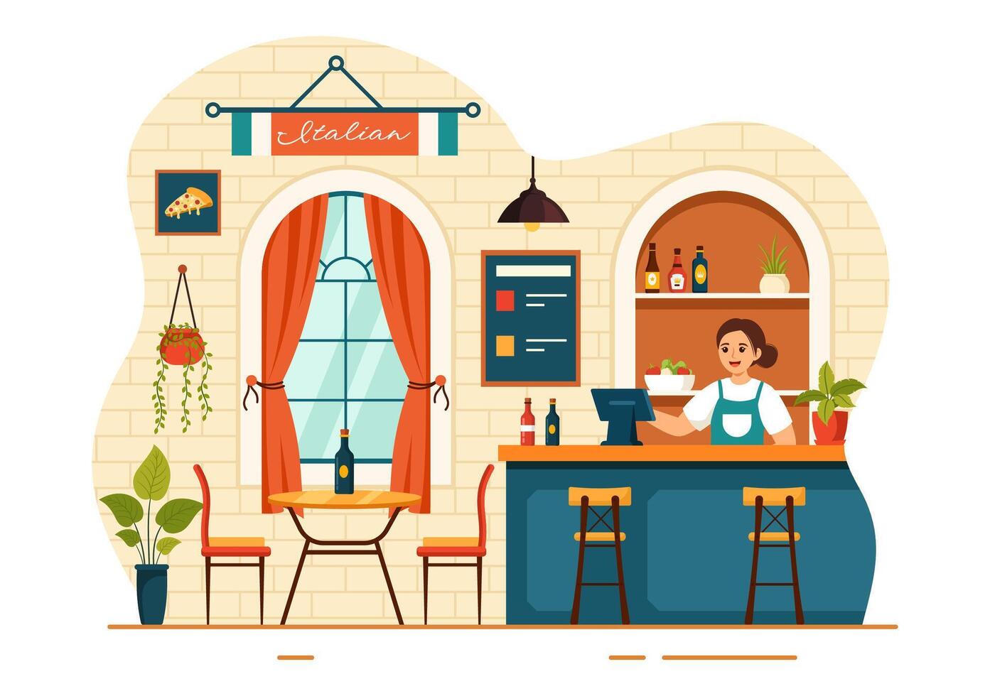 italiano cibo ristorante o caffetteria vettore illustrazione con tradizionale Italia piatti Pizza o pasta nel piatto cartone animato sfondo design