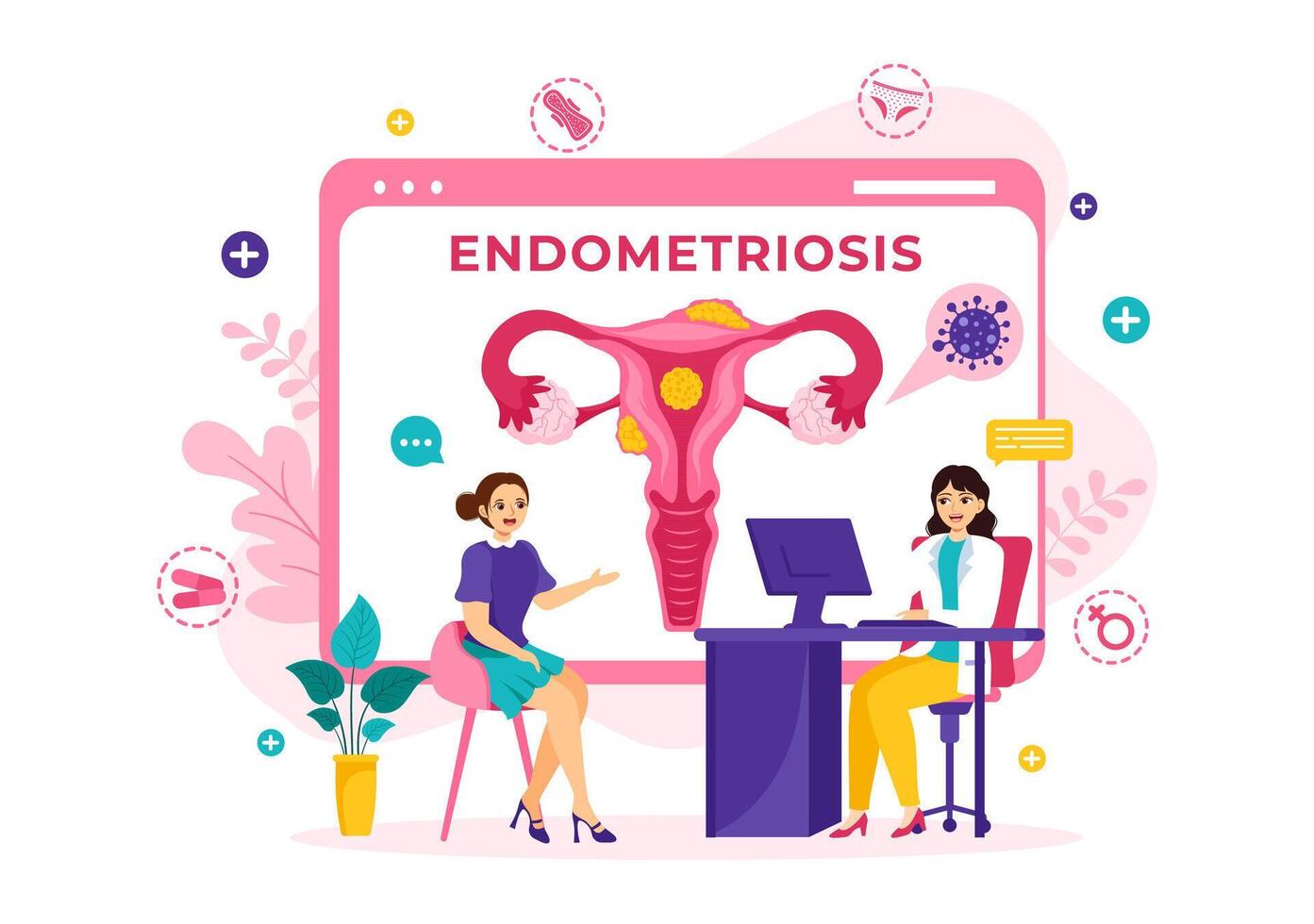 endometriosi vettore illustrazione con condizione il endometrio cresce al di fuori il uterino parete nel donne per trattamento nel piatto cartone animato sfondo