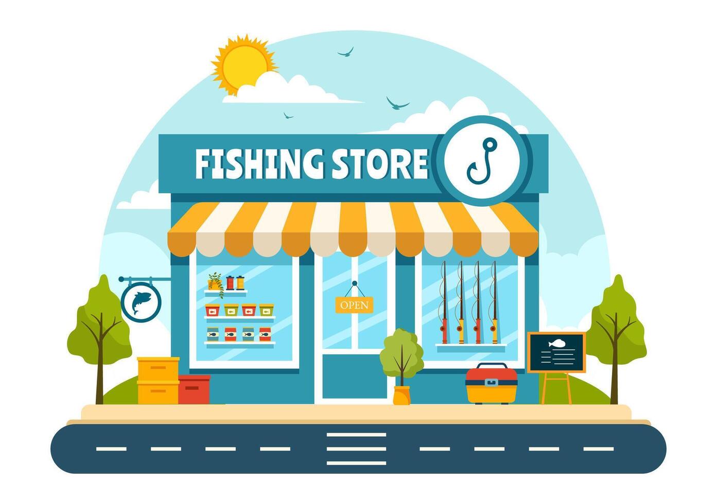 pesca memorizzare vettore illustrazione con vendita vario pesca attrezzatura, esca, pesce attraente Accessori o elementi su piatto cartone animato sfondo