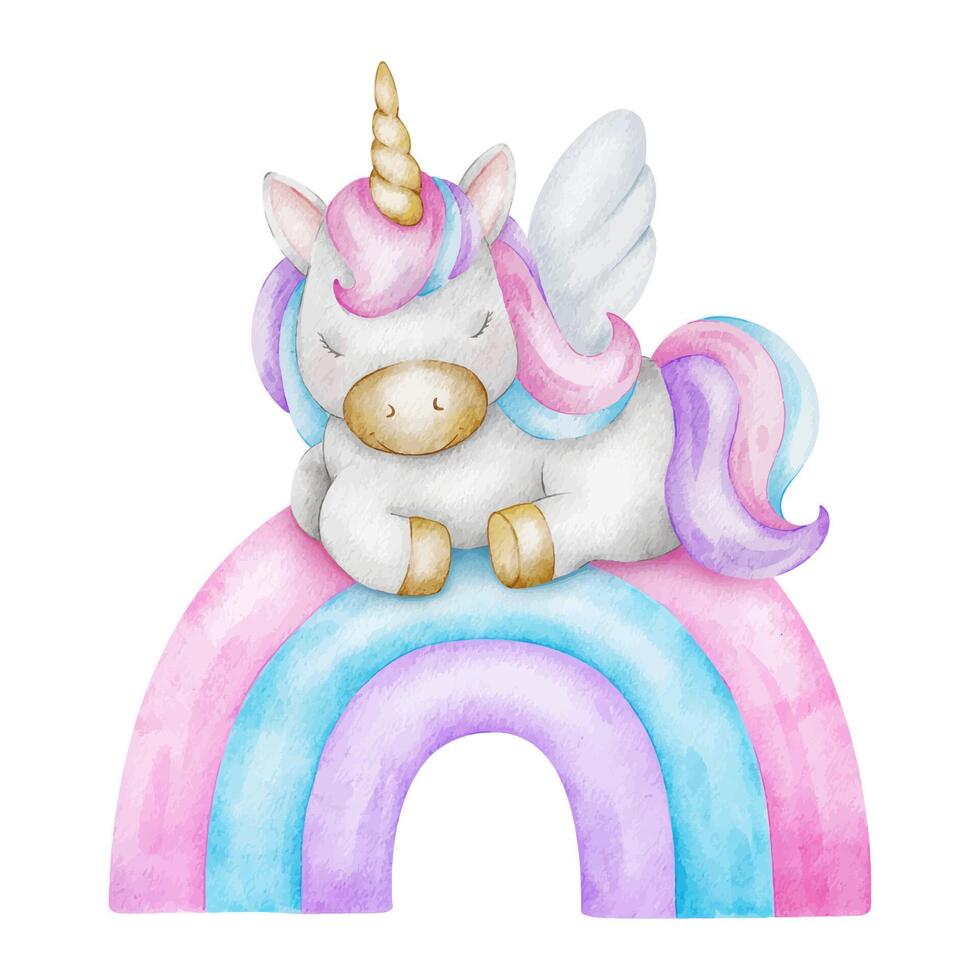 carino bambino fiaba unicorno addormentato su rosa arcobaleno. isolato acquerello illustrazione per logo, capretto merce, Abiti, tessili, cartoline, manifesto, bambino doccia e figli di camera vettore