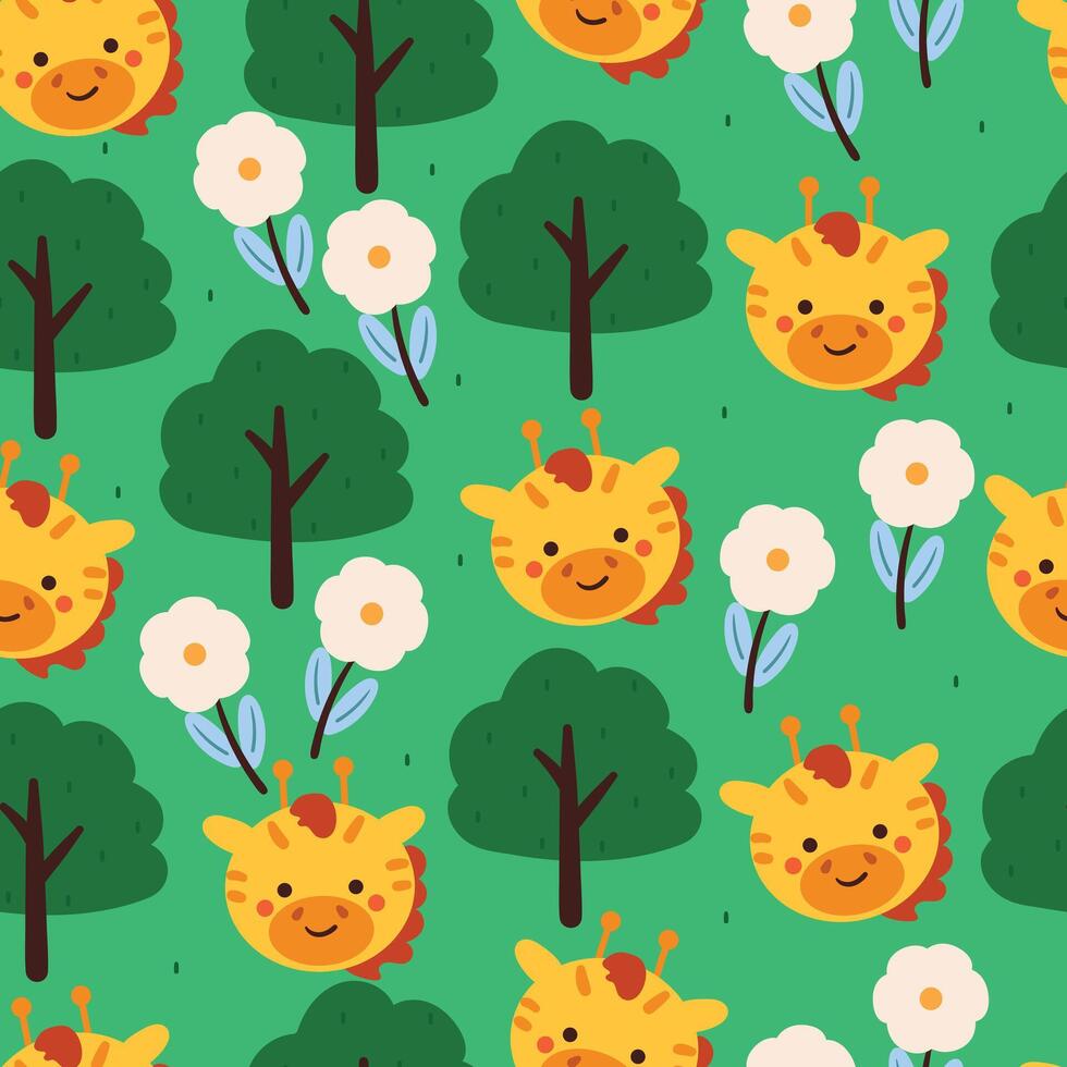 senza soluzione di continuità modello cartone animato giraffa con fiore, pianta e albero. carino animale sfondo per tessile, regalo avvolgere carta vettore