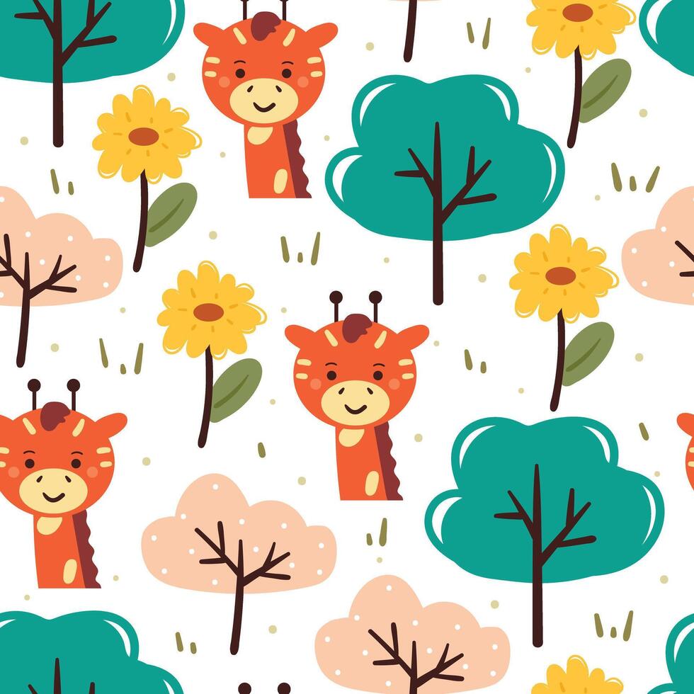 senza soluzione di continuità modello cartone animato giraffa con fiore, pianta e albero. carino animale sfondo per tessile, regalo avvolgere carta vettore