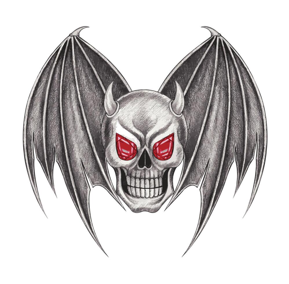 cranio tatuaggio ala demone design di mano disegno su carta vettore