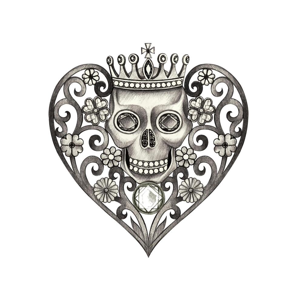 re cranio nel arte Vintage ▾ cuore design di mano disegno su carta. vettore