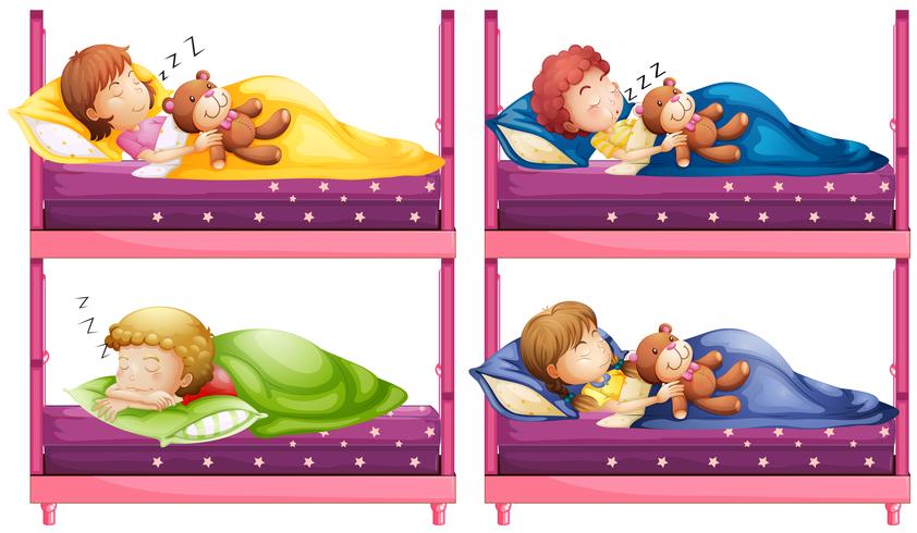 Quattro bambini che dormono nel letto a castello vettore