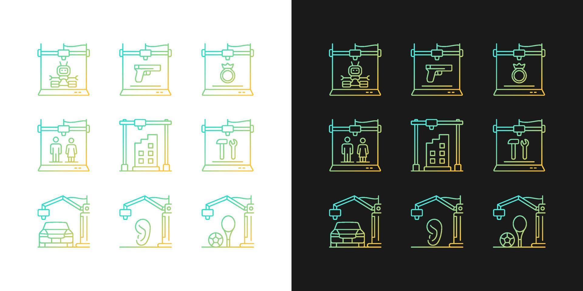 Icone del gradiente del processo di stampa 3D impostate per la modalità scura e chiara. rappresentazione del disegno. pacchetto di simboli di contorno a linea sottile. raccolta di illustrazioni vettoriali isolate su bianco e nero
