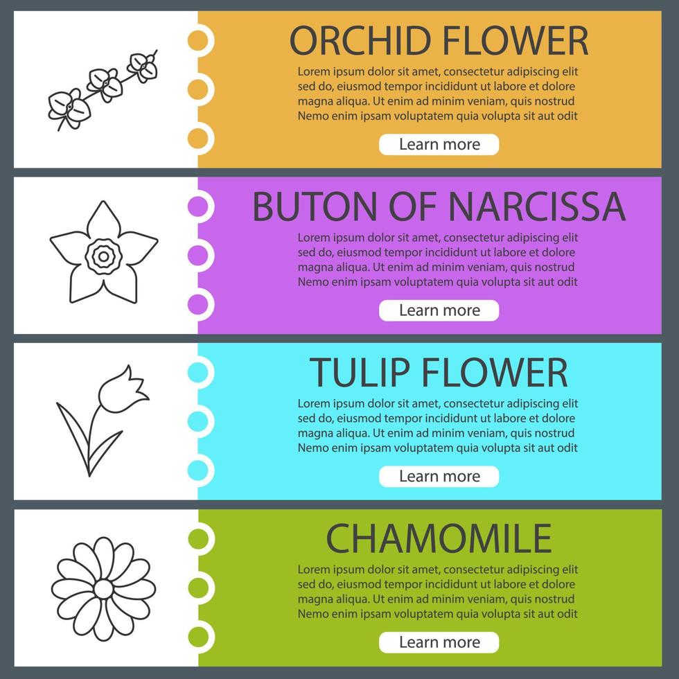 set di modelli di banner web di fiori. ramo di orchidea, teste di camomilla e narciso, tulipano. voci di menu a colori del sito Web con icone lineari. concetti di design delle intestazioni vettoriali