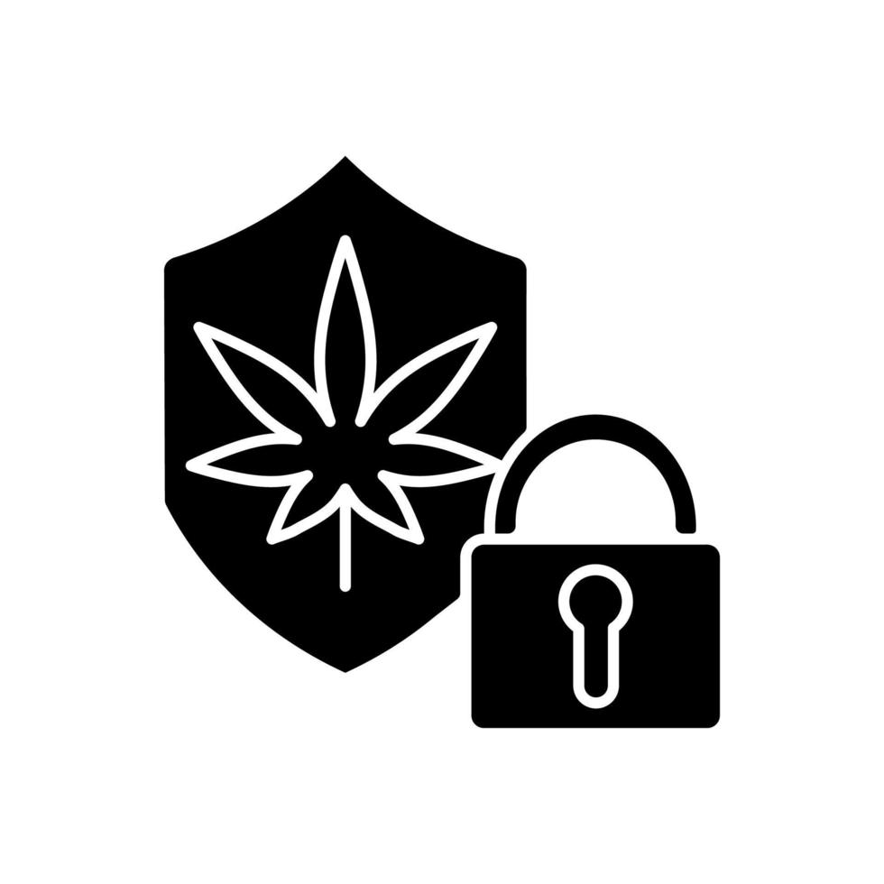 icona del glifo nero sicurezza cannabis. protezione dei dispensari di marijuana. fornire un ambiente sicuro per la coltivazione delle piante. la sicurezza dei prodotti. simbolo di sagoma su uno spazio bianco. illustrazione vettoriale isolato
