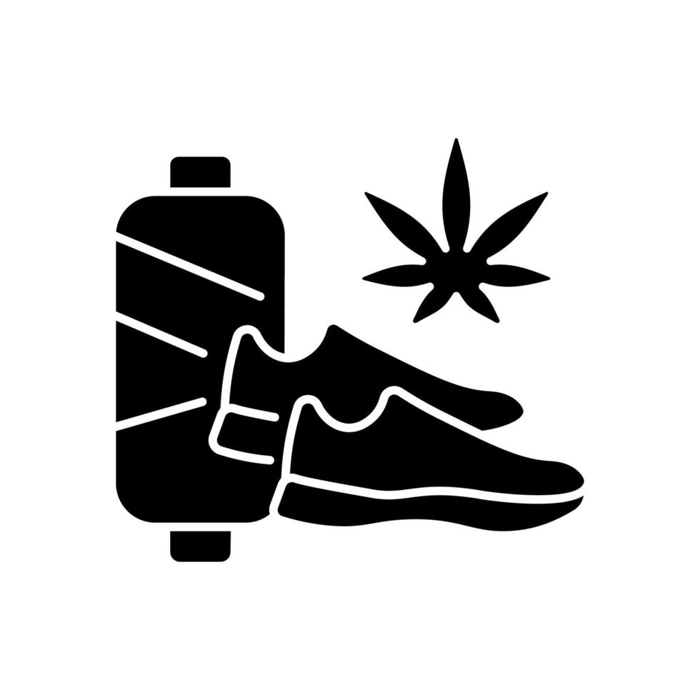 icona del glifo nero con scarpe di cannabis. produzione di calzature sostenibili. scarpe da ginnastica vegane con erba. scarpe di canapa biologica. materiali ecologici. simbolo di sagoma su uno spazio bianco. illustrazione vettoriale isolato