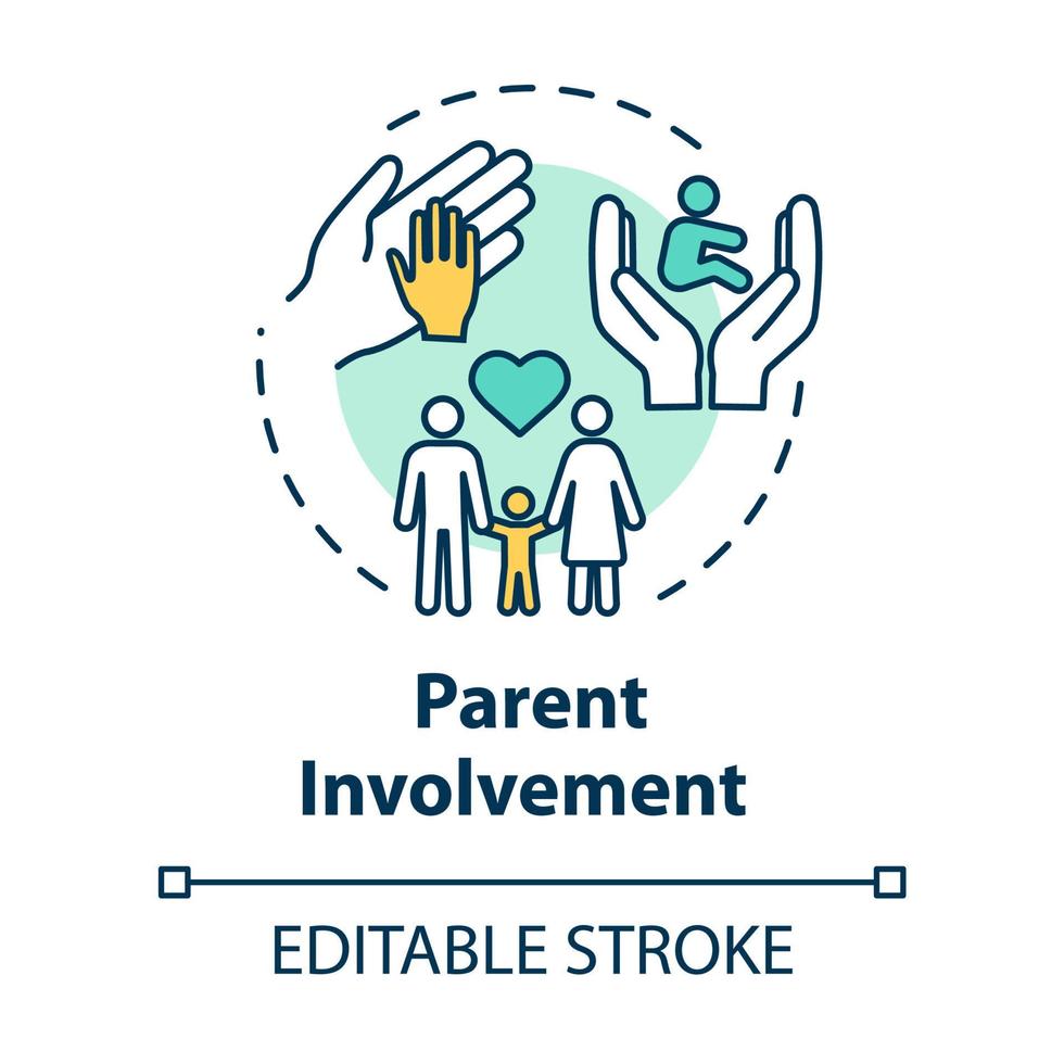icona del concetto di coinvolgimento dei genitori. ambiente positivo per i bambini. amore e cura. illustrazione al tratto sottile idea di incoraggiamento familiare. vettore isolato contorno rgb disegno a colori. tratto modificabile