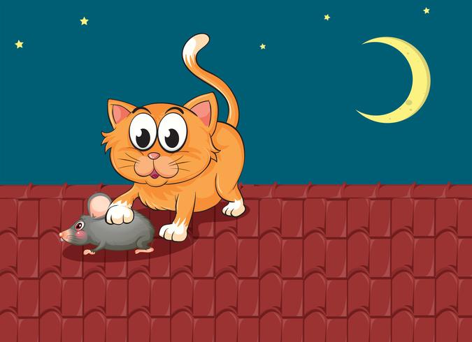 Un gatto e un topo sul tetto vettore