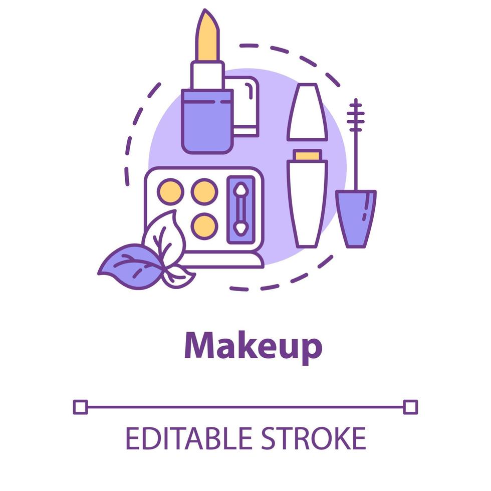 trucco, icona del concetto di cosmetici decorativi. rossetto, mascara e ombretto, prodotti di bellezza idea linea sottile illustrazione. vettore isolato contorno rgb disegno a colori. tratto modificabile