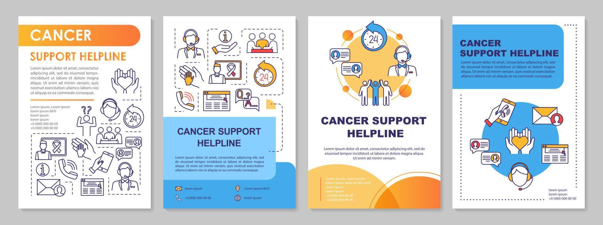 modello di brochure dell'assistenza telefonica per il supporto del cancro. call center. volantino, opuscolo, stampa di volantini, design di copertina con icone lineari. aiuto oncologico. layout vettoriali per riviste, relazioni annuali, manifesti pubblicitari