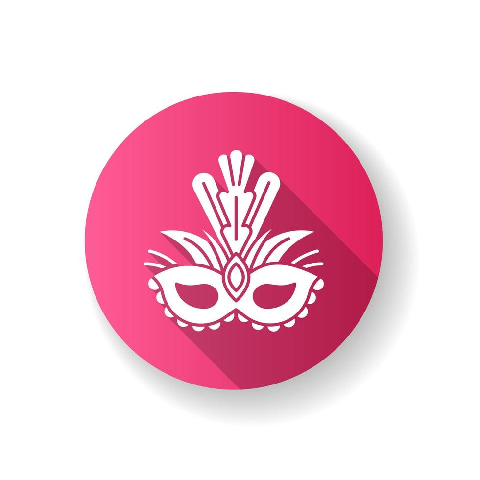 maschera mascherata rosa design piatto lunga ombra icona del glifo. copricapo tradizionale con piumaggio. festa etnica. sfilata delle feste nazionali. illustrazione a colori silhouette rgb vettore