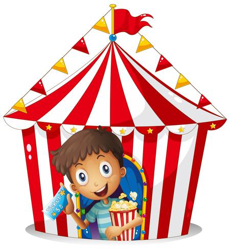 Un ragazzo con un biglietto e un popcorn vicino alla tenda vettore