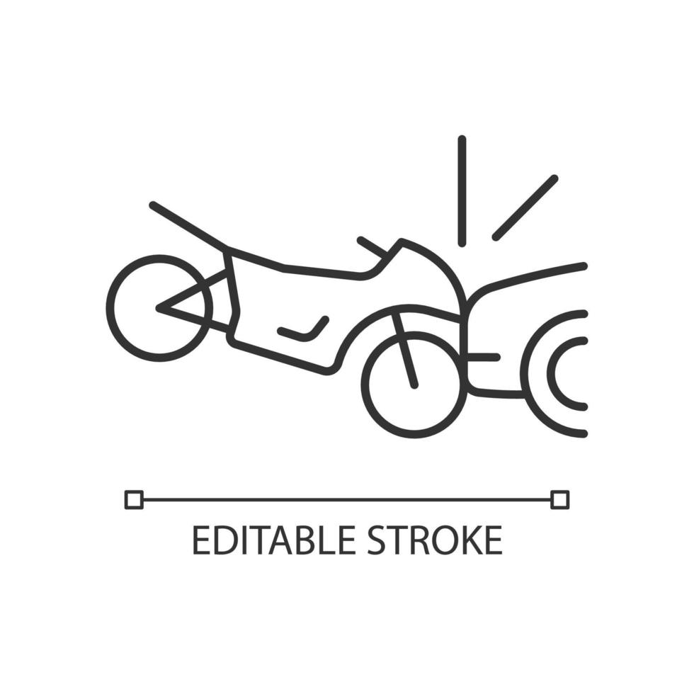 collisione con l'icona lineare del motociclo. situazione pericolosa per il motociclista. incidente d'auto. illustrazione personalizzabile linea sottile. simbolo di contorno. disegno vettoriale isolato profilo. tratto modificabile