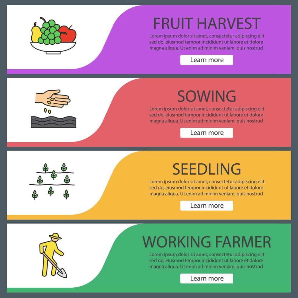 set di modelli di banner web agricoltura. ciotola con frutta, semina, piantina, contadino che lavora. voci di menu a colori del sito web. concetti di design delle intestazioni vettoriali