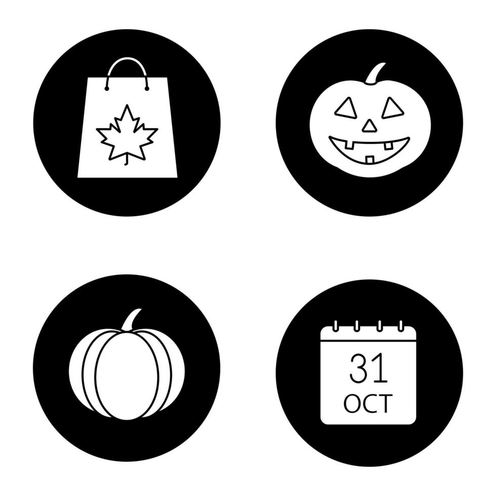 set di icone del glifo di halloween. zucche, data 31 ottobre, shopping bag con foglia d'acero. illustrazioni vettoriali di sagome bianche in cerchi neri