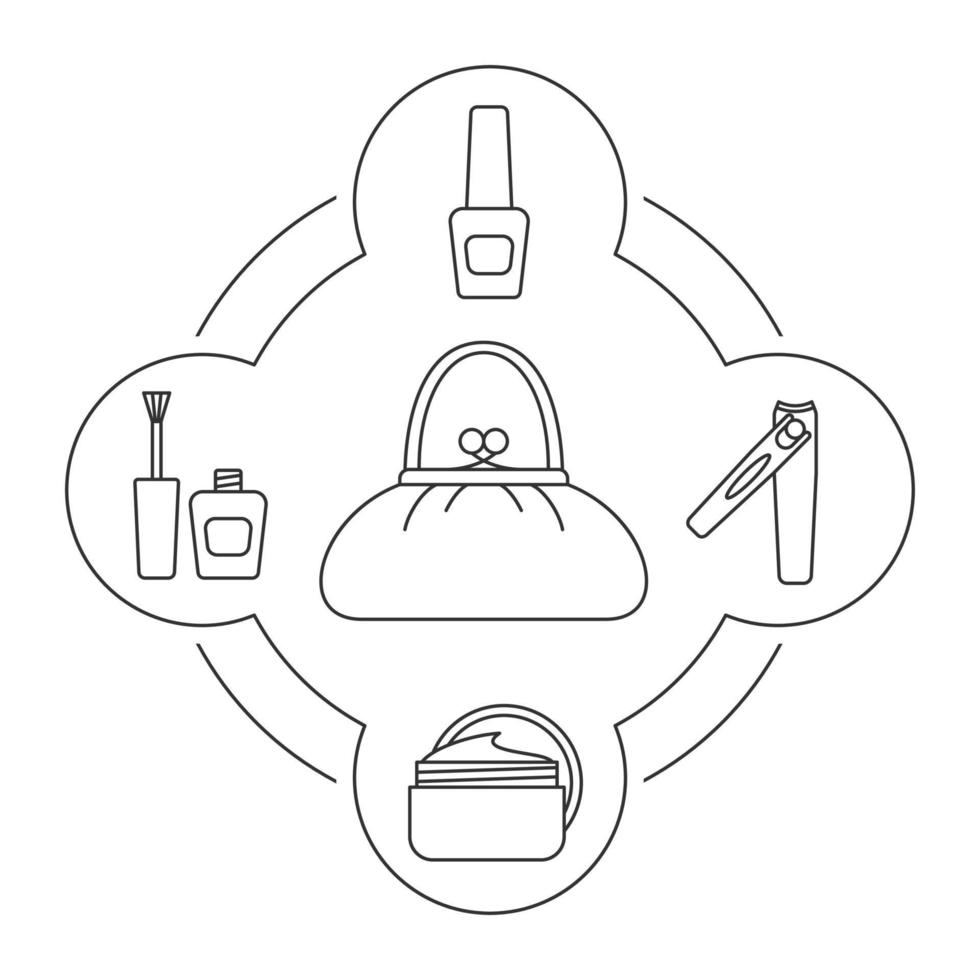 set di icone lineari del contenuto della borsa della donna. flaconi di smalto per unghie, vasetto di crema per il viso, pinzette per manicure. illustrazioni vettoriali isolate
