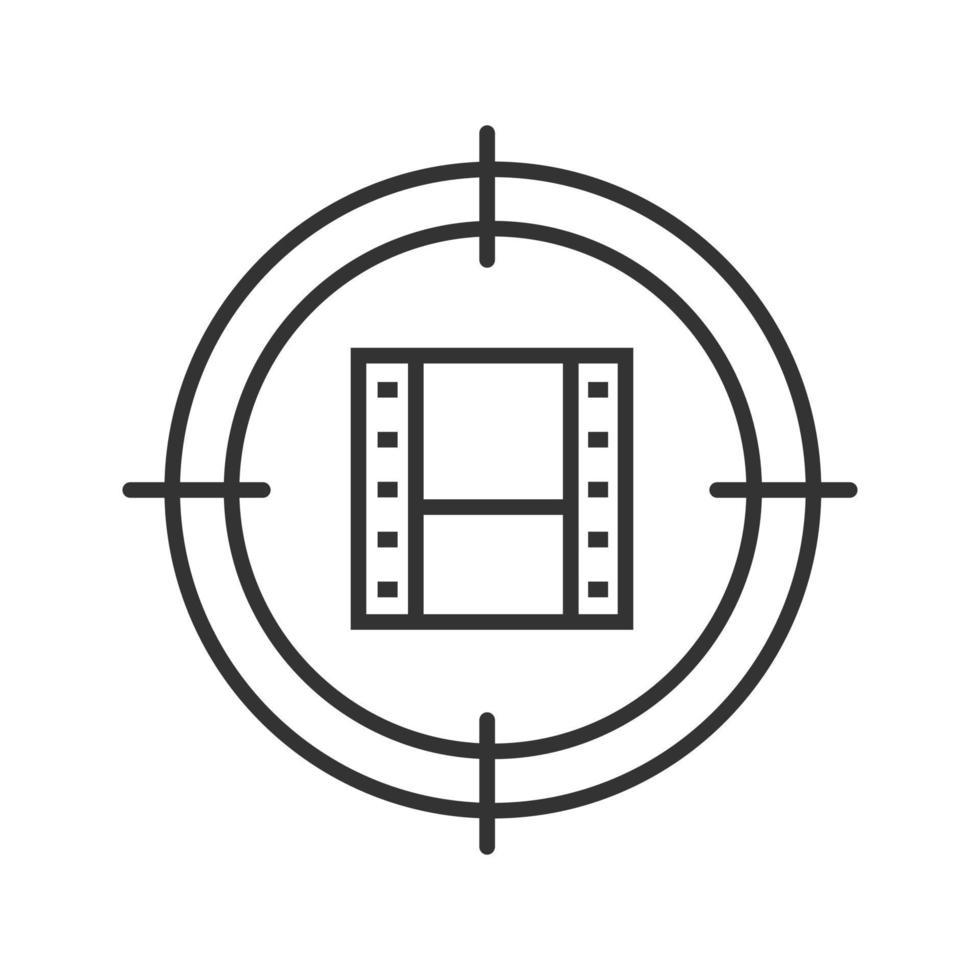 file video ricerca icona lineare. illustrazione della linea sottile di produzione di film. mirare sulla linea del nastro video. trovare il simbolo del contorno del videografo. disegno vettoriale isolato contorno