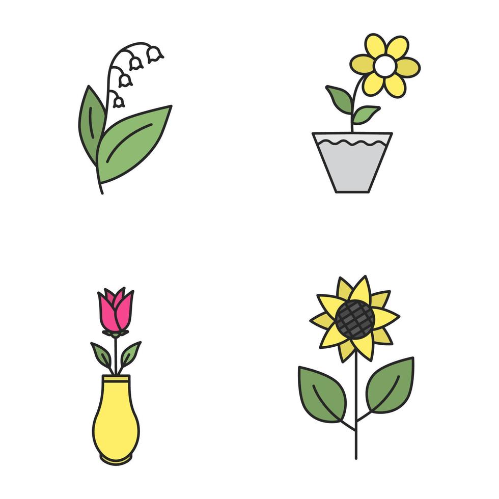 set di icone di colore dei fiori. mughetto, croco in vaso, rosa in vaso, girasole. illustrazioni vettoriali isolate