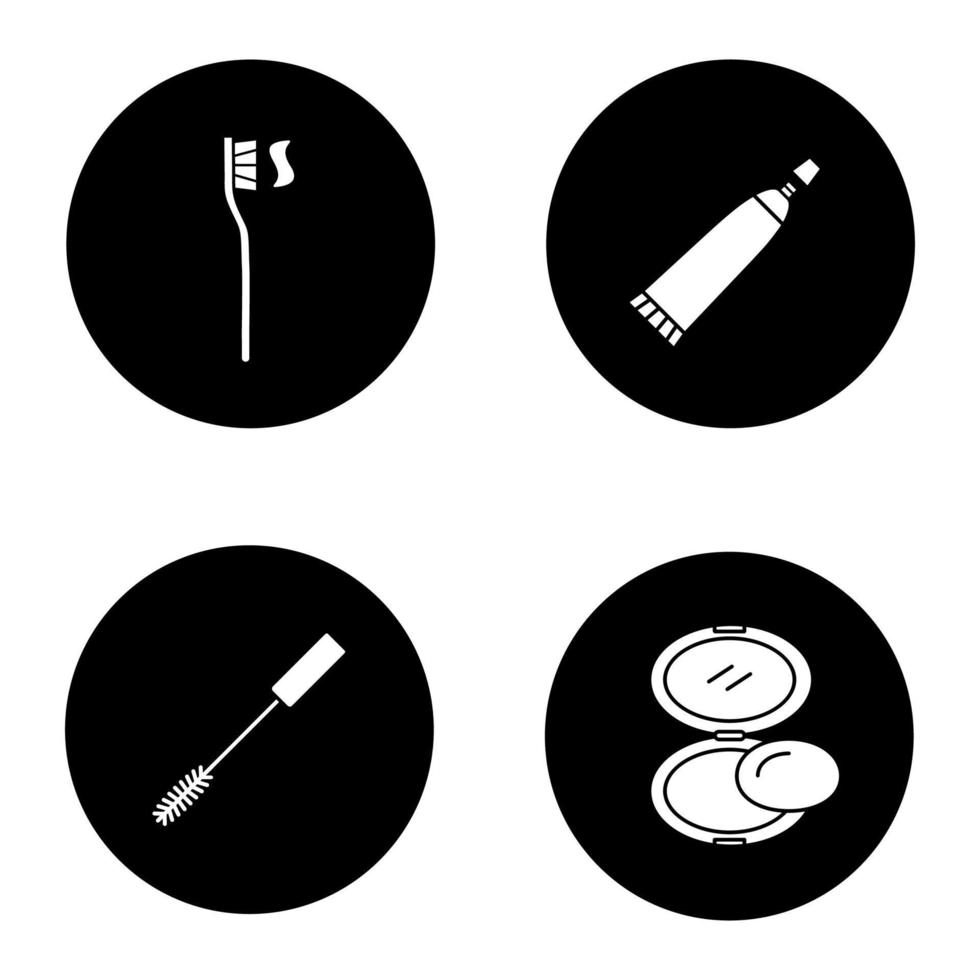 cosmetici e accessori igienici set di icone glifo. spazzolino da denti, mascara, polvere, tubetto di dentifricio. illustrazioni vettoriali di sagome bianche in cerchi neri